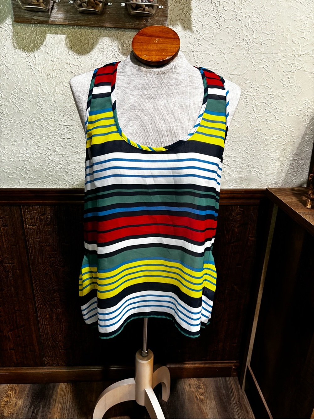 Aeropostale junior women’s sheer tank top vibrant  stripes half peplum size larg